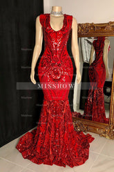 Elegant Long Red Mermaid Sleeveless Prom Dress With Lace