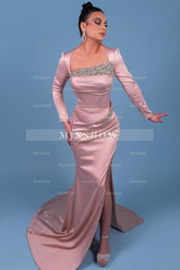 Elegant Long Satin Sleeve Pink Prom Dresses With Rhinestone