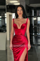 Elegant Long Velvet Red Mermaid Prom Dress With Slit