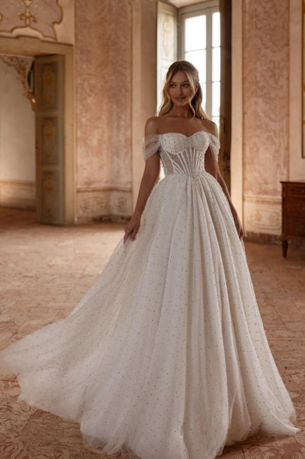 Elegant Long White A-line Off-the-shoulder Tulle Rhinestones Pearls Wedding Dress
