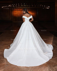 Elegant Long White A-line Off-the-shoulder V-neck Satin Wedding Dress