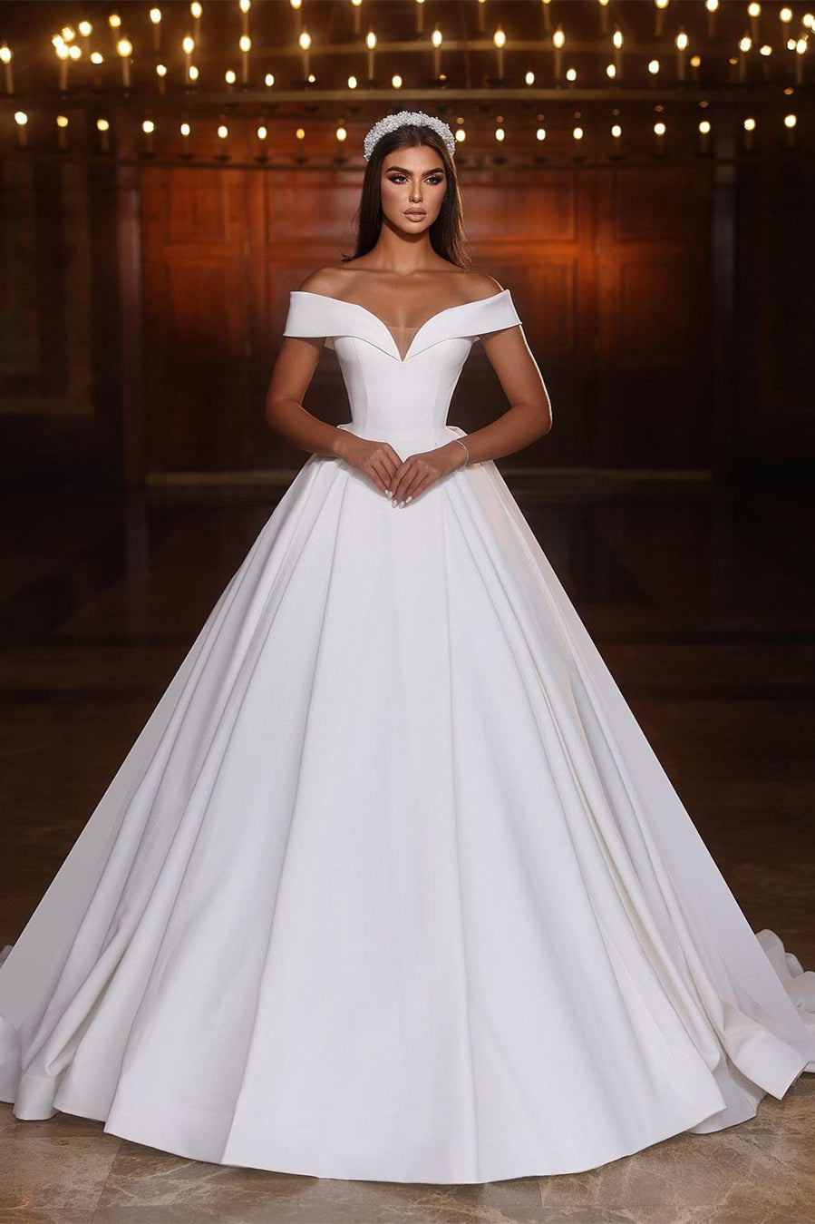 Elegant Long White A line Off the shoulder V neck Satin Wedding Dress misshow