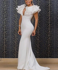 Elegant Long White Mermaid V-neck Sleeveless Prom Dress With Ruffles