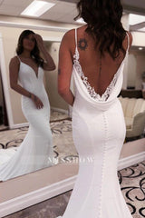 Elegant Long White Mermaid V-neck Spaghetti Straps Backless Wedding Dress with Lace