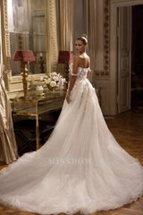 Elegant Long White Off-the-shoulder A-line Lace Wedding Dresses With Slit