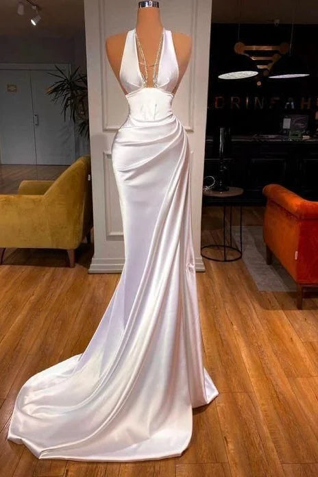 Elegant Long White V-neck Sequined Sleeveless Mermaid Prom Dress