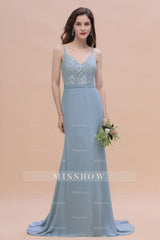 Elegant Mermaid Chiffon Lace Dusty Blue Bridesmaid Dresses with Spaghetti Straps On Sale