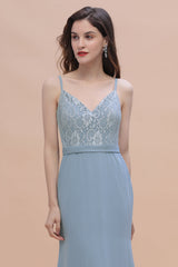 Elegant Mermaid Chiffon Lace Dusty Blue Bridesmaid Dresses with Spaghetti Straps On Sale