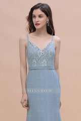 Elegant Mermaid Chiffon Lace Dusty Blue Bridesmaid Dresses with Spaghetti Straps On Sale