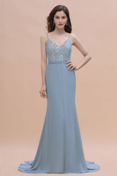 Elegant Mermaid Chiffon Lace Dusty Blue Bridesmaid Dresses with Spaghetti Straps On Sale