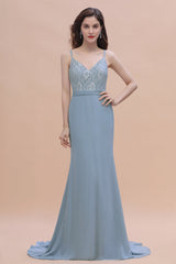 Elegant Mermaid Chiffon Lace Dusty Blue Bridesmaid Dresses with Spaghetti Straps On Sale