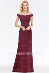 Elegant Mermaid Off-the-Shoulder Burgundy Bridesmaid dresses with Lace