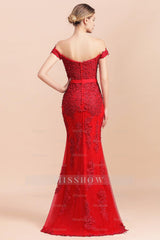 Elegant Mermaid Off the Shoulder Red Lace Appliques Bridesmaid dresses