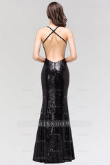 Elegant Mermaid Sequined Long Black Bridesmaid Dresses with Spaghetti Straps