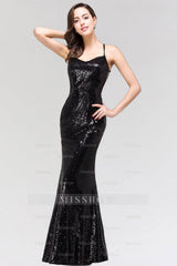 Elegant Mermaid Sequined Long Black Bridesmaid Dresses with Spaghetti Straps