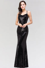 Elegant Mermaid Sequined Long Black Bridesmaid Dresses with Spaghetti Straps