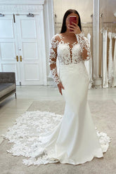 Elegant Mermaid V-neck Long Sleeves Lace Wedding Dress With Train