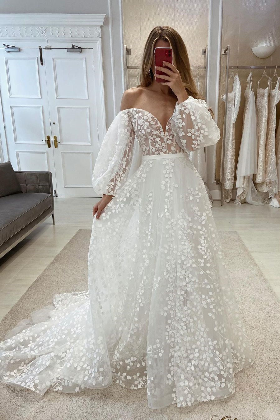 Elegant Off-the-shoulder A-line V-neck Appliques Wedding Dress With Long Sleeves