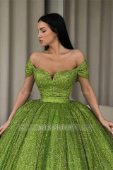 Elegant Off-the-Shoulder Green A-line Sequined Prom Dress