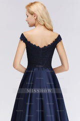 Elegant Off-the-Shoulder Ruffle Navy Lace Bridesmaid dresses with Beads