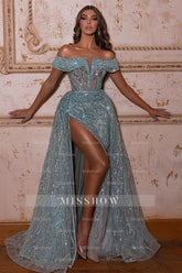 Elegant Off-the-shoulder Sequined Sleeveless A-line Prom Dress With Slit