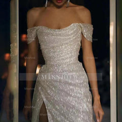 Elegant Off-the-shoulder Sleeveless A-line Sequined Wedding Dress With Slit