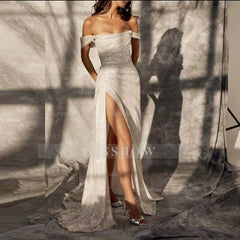 Elegant Off-the-shoulder Sleeveless A-line Sequined Wedding Dress With Slit