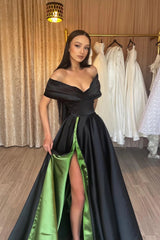 Elegant Off-the-shoulder V-neck Sleeveless A-line Prom Dress With Slit