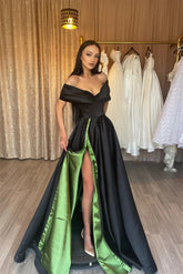 Elegant Off-the-shoulder V-neck Sleeveless A-line Prom Dress With Slit
