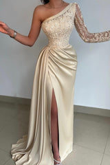 Elegant One Shoulder Lace Long Sleeve Satin Prom Dress With Slit