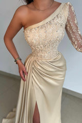 Elegant One Shoulder Lace Long Sleeve Satin Prom Dress With Slit