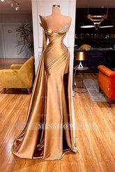 Elegant One Shoulder Sequined Long Sleeve Prom Dress With Slit