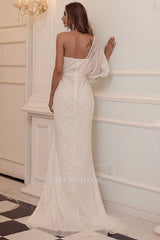 Elegant One Shoulder Sequins Split Mermaid Prom Dress