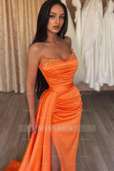 Elegant Orange Sleeveless Split Mermaid Prom Dresses with Ruffles
