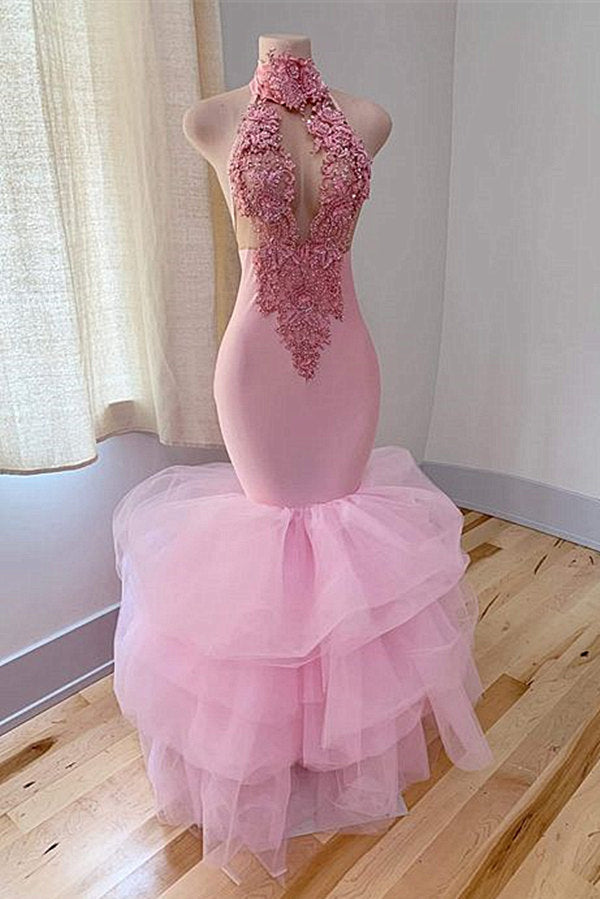 Elegant Pink High-neck V-neck Appliques Floor-length Mermaid Prom Dresses