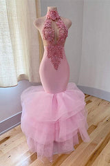 Elegant Pink High-neck V-neck Appliques Floor-length Mermaid Prom Dresses