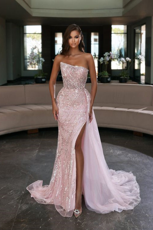 Elegant Pink Sequined Sleeveless Long Mermaid Prom Dress With Slit Elegant Pink Sequined Sleeveless Long Mermaid Prom Dress With Slit