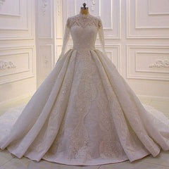 Elegant Princess A-line High Neck Lace Sequined Wedding Dress With Long Sleeves