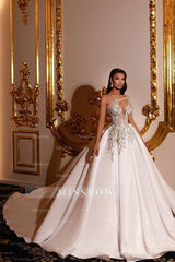 Elegant Princess Long A-line V-neck One Shoulder Satin Wedding Dresses
