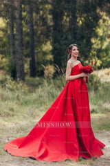 Elegant Red A-Line One Shoulder Satin Sleeveless Wedding Dresses
