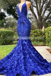 Elegant Royal Blue Halter Floor Length Sleeveless Lace Mermaid Prom Dress