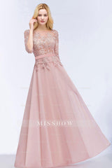 Elegant Scoop Half-Sleeves Lace Dusty Rose Bridesmaid Dresses With Pearls