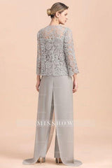 Elegant Silver Lace Top Chiffon Mother of Bride Jumpsuit Online with Wrap
