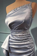 Elegant Silver Long Glitter One Shoulder Sleeveless Sequined Evening Dresses