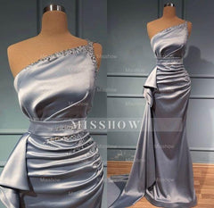 Elegant Silver Long Glitter One Shoulder Sleeveless Sequined Evening Dresses