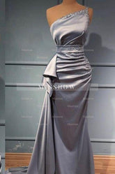 Elegant Silver Long Glitter One Shoulder Sleeveless Sequined Evening Dresses