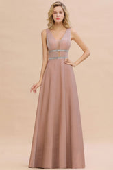 Elegant Sleeveless Aline Evening Swing Dress Bright Silk V-Neck Party Dress