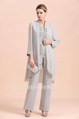 Elegant Sleeveless Appliques Silver Chiffon Mother of Bride Jumpsuit with Wrap