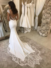 Elegant Sleeveless Satin Ivory Lace Mermaid Wedding Dresses