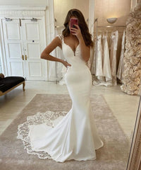 Elegant Sleeveless Satin Ivory Lace Mermaid Wedding Dresses